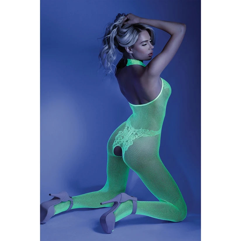 Fantasy Lingerie Glow Moonbeam Crotchless Bodystocking-Neon Green