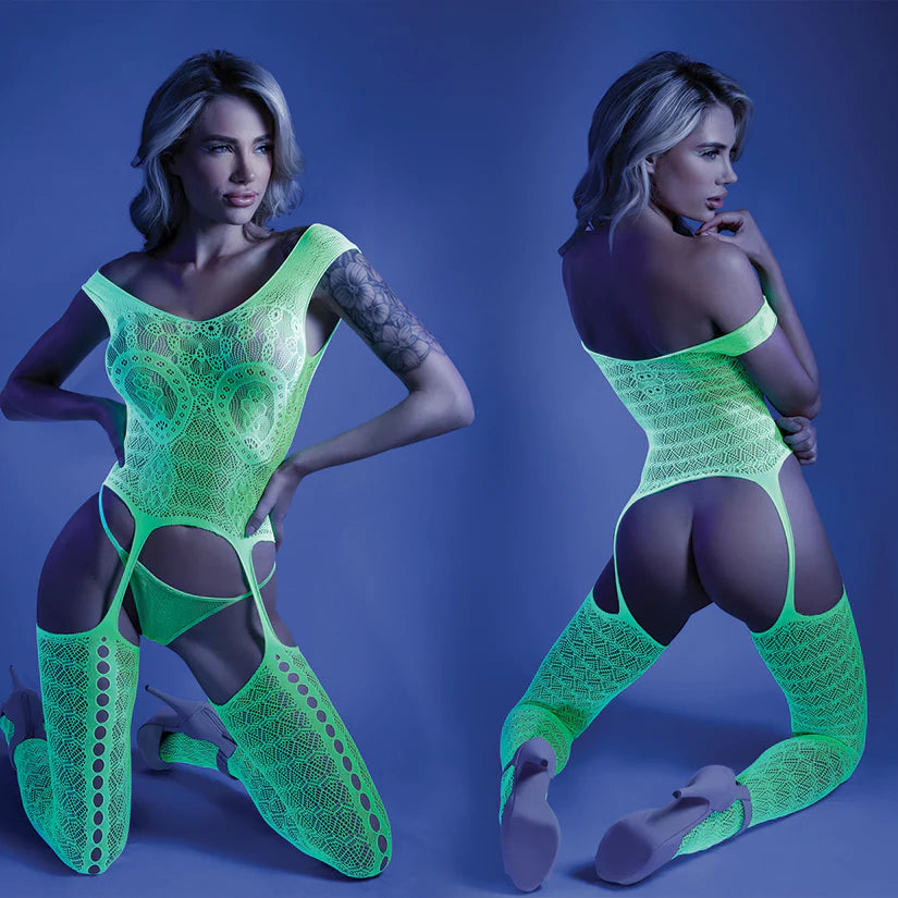 Fantasy Lingerie Glow Supersonic Mosaic Bodystocking-Neon Green